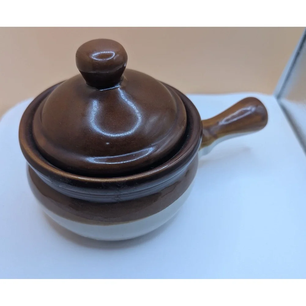 Vintage Two Tone Brown Cream Stoneware French Onion Soup Crock with Lid Handle